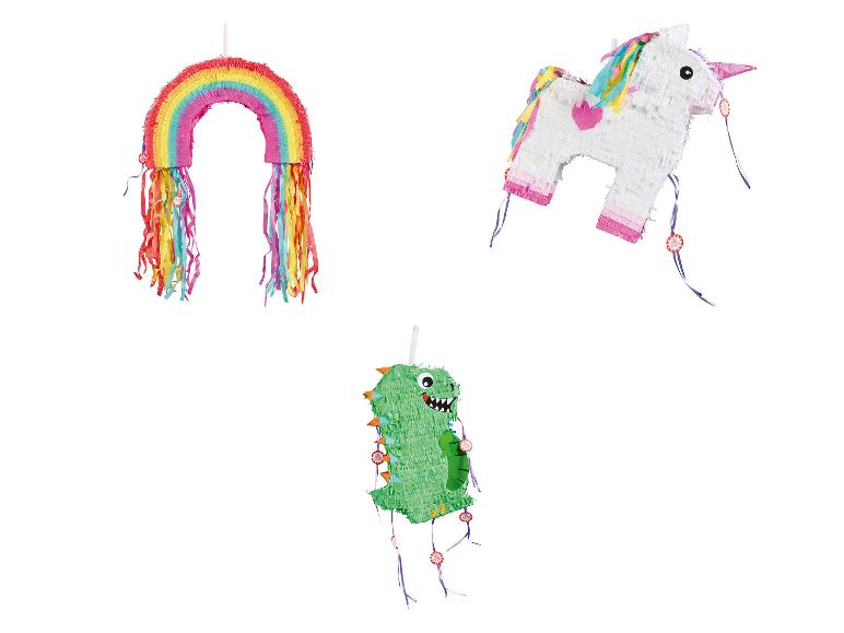 Regenboog, eenhoorn en dinosaurus piñata's voor kinderfeestjes.