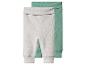 Twee geribbelde baby leggings, één lichtgrijs en één mintgroen.