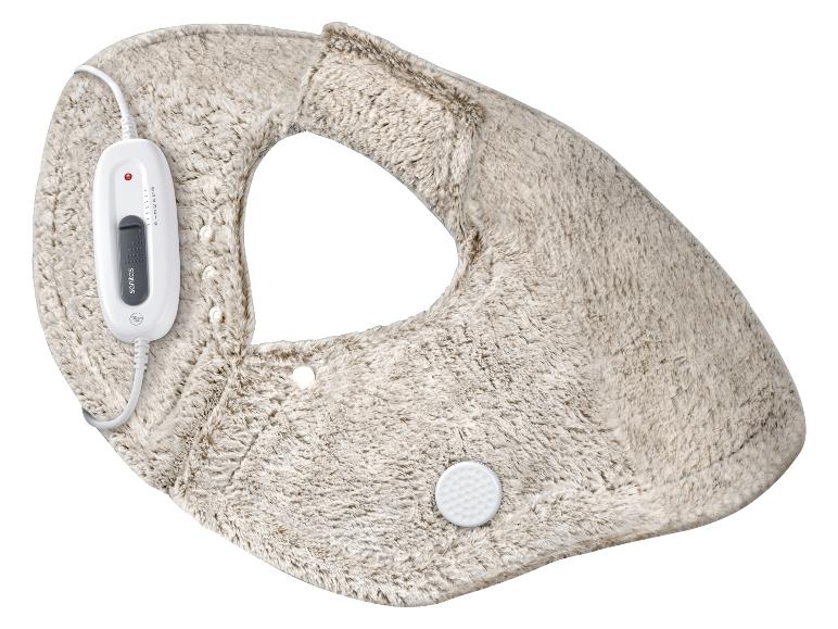 Sanitas beige elektrisch verwarmingskussen met temperatuurregelaar en automatische uitschakeling.