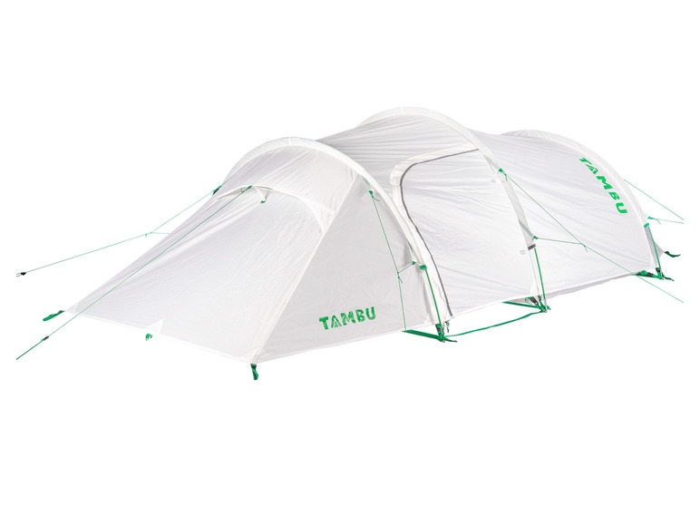 Een witte Tambu tent met groene details.