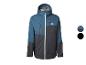 Heren outdoorjas in blauw en donkergrijs met oranje details.
