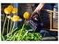 Hand begiet groene planten met een zwarte gieter, gele tulpen op de voorgrond.
