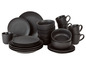 Een set zwarte borden, kommen en bekers.