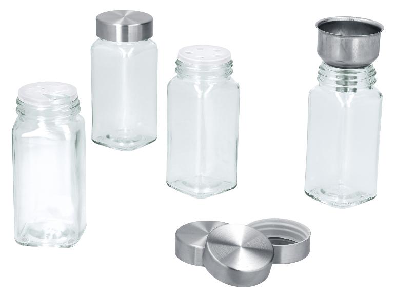 Glazen kruidenpotjesset met metalen en plastic deksels, inclusief een trechter