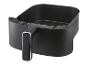 Zwarte airfryer mand met handvat en rooster, gemarkeerd met MAX
