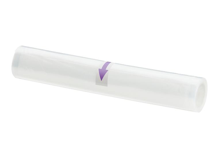 Een rol transparante vacuümfolie met een paarse pijl op een wit etiket.