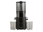 Zwarte slowjuicer met transparante containers en bedieningsknop.