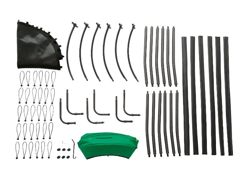 Onderdelen voor een trampoline, inclusief een springdoek, frame en bevestigingsmateriaal.