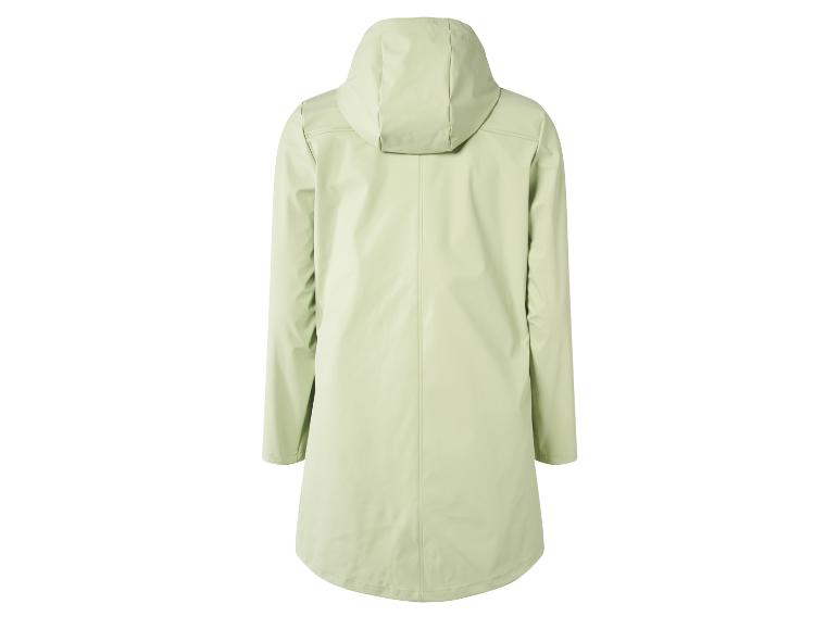 Een lichtgroene regenjas met capuchon.