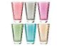 Zes kleurrijke getextureerde drinkglazen in roze, grijs, paars, groen, blauw en amber.