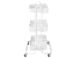Witte drielaagse trolley met wielen en handvat, geperforeerde planken en zijhaken.