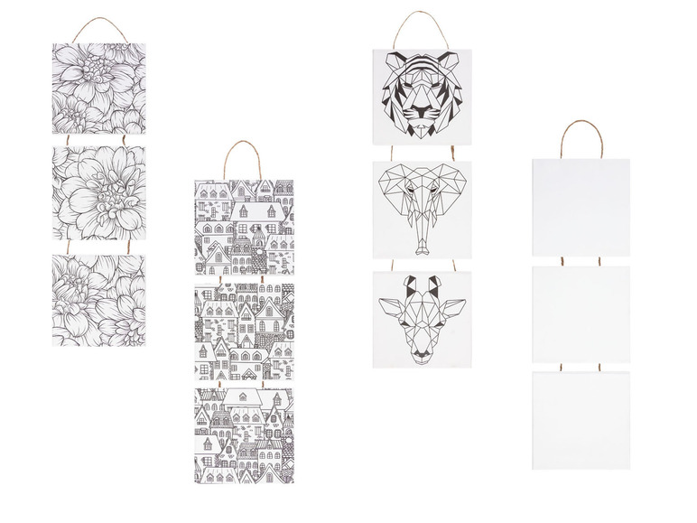 Geometrische dieren en bloemmotieven op vierkante wanddecoraties.