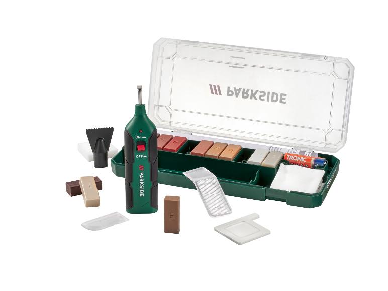 PARKSIDE laminaat- en parketreparatieset met smeltpen en wasstiften in diverse kleuren.