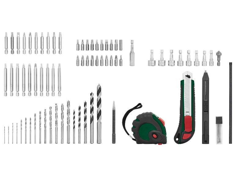 Gereedschapset: boren, schroefbits, stanleymes, meetlint en timmermanspotlood.