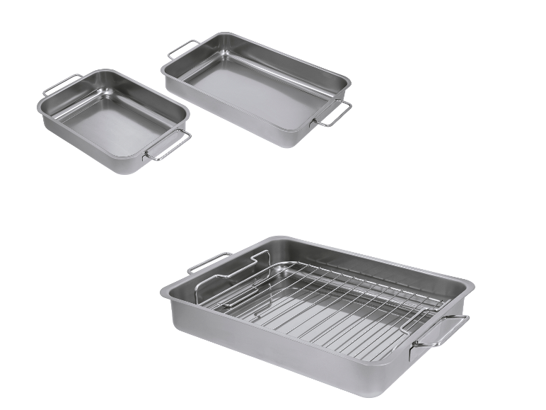 SILVERCREST® roestvrijstalen braadsledes, één met rooster en twee zonder.