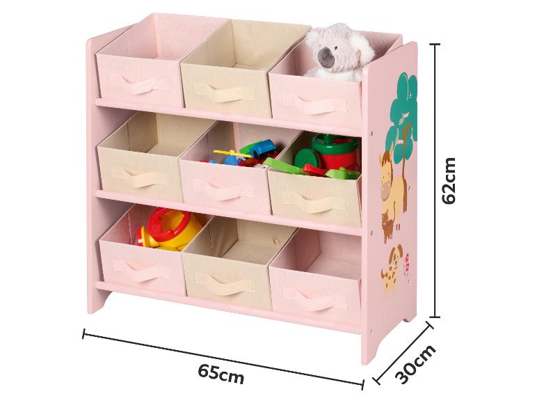 Roze kinderopbergrek met stoffen bakken en dierenmotieven, 65x30x62cm.