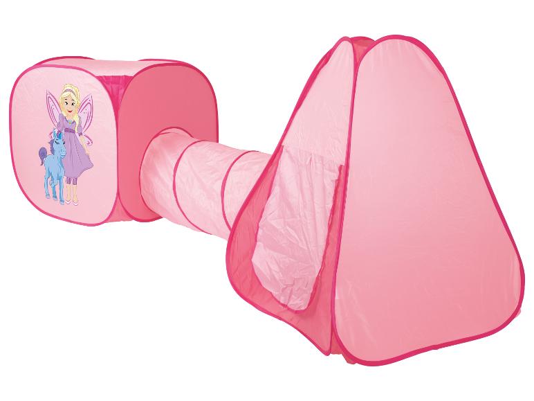 Roze kinderspeeltent met tunnel, versierd met een fee en een eenhoorn.