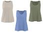 Drie mouwloze damestops in beige, blauw en olijfgroen.