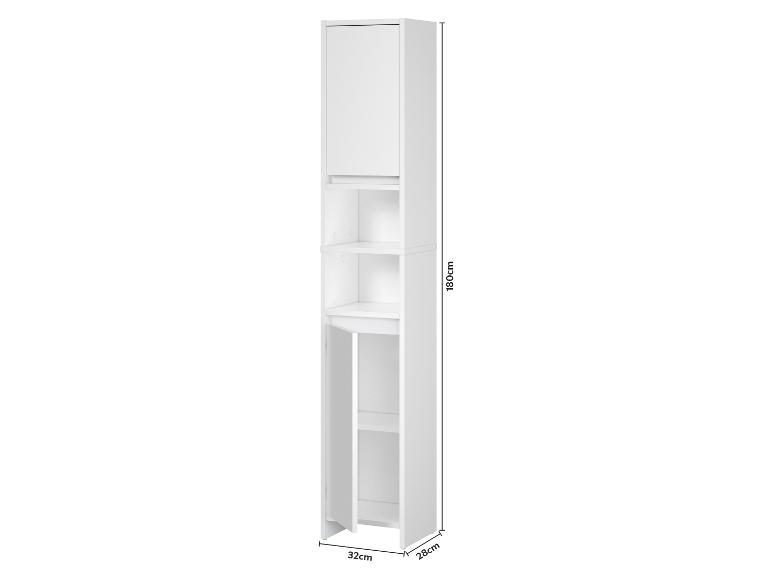 Witte badkamerkast met open en gesloten planken, 180x32x28cm.