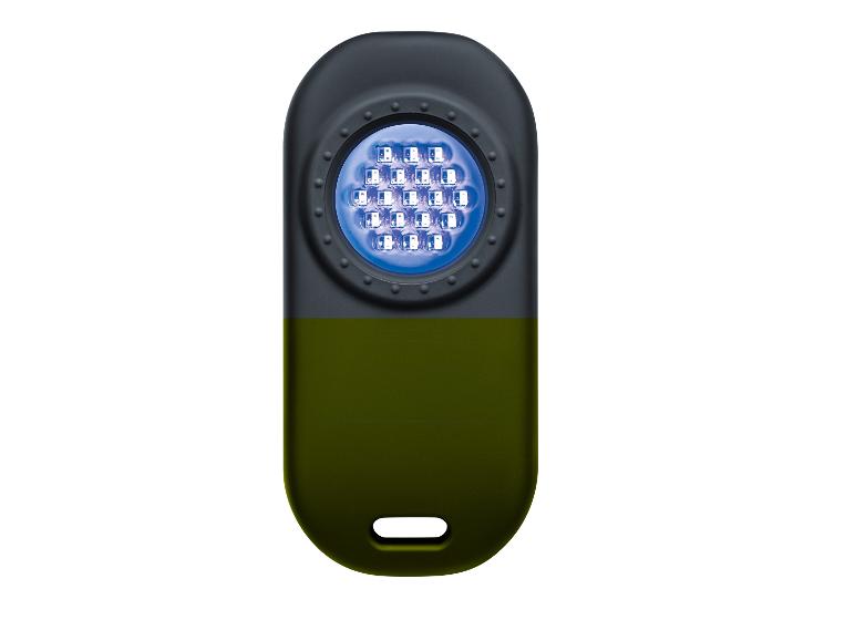 Compacte UV LED zaklamp met donkergroene en zwarte behuizing.