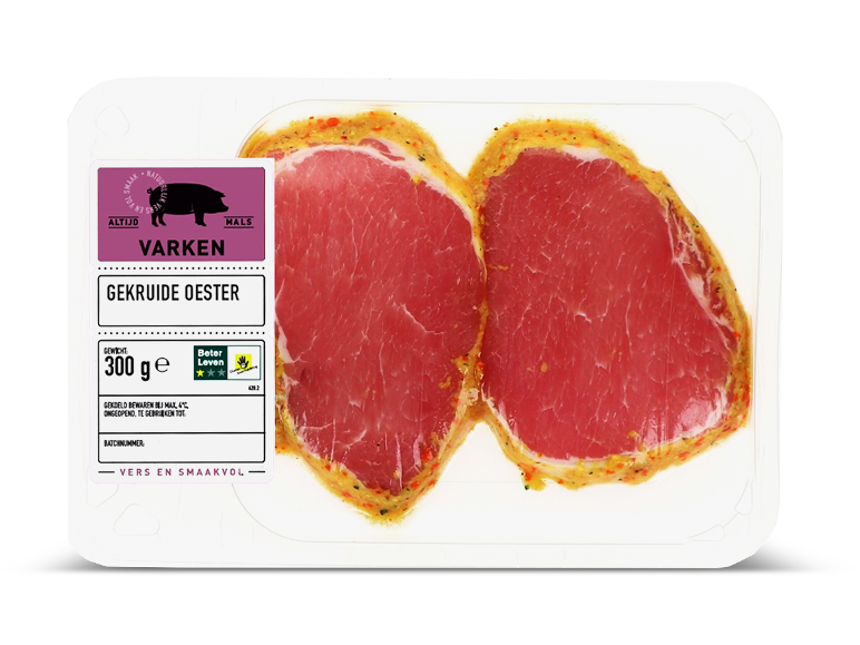Gekruide varkensoester van 300 gram in een plastic verpakking.