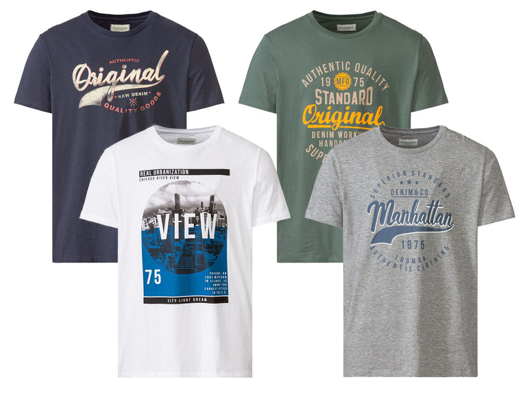 Vier T-shirts met vintage ontwerpen: 'Original', 'Manhattan', 'View' en 'Quality Goods'.