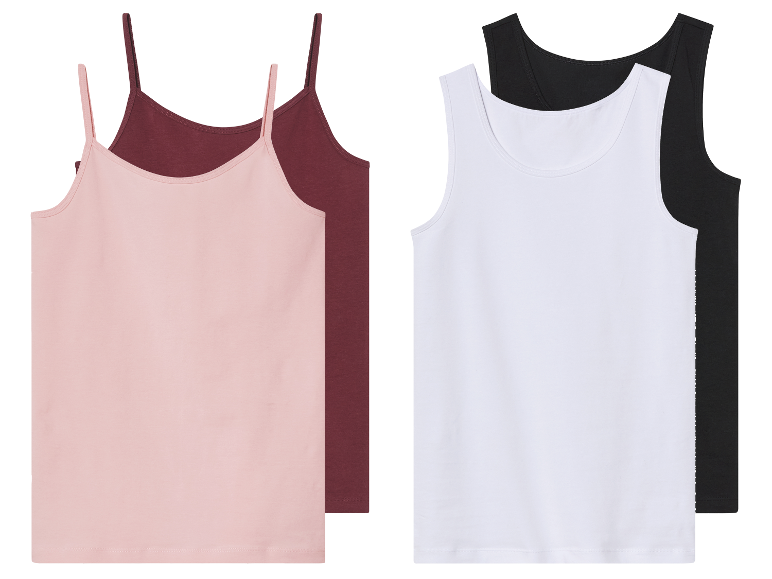 Twee paar tanktops: een paar in roze en bruine tinten, het andere in wit en zwart.