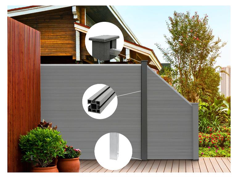 Grijze tuinafscheiding met houten bekleding en constructiedetails.