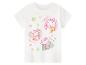 Wit kinder-T-shirt met een print van drie dierenfiguren en de teksten: 'Biggest sister', 'Baby sister', 'Big Brother'.