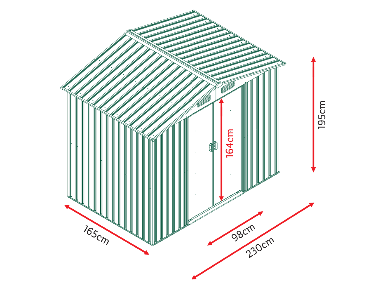 Groene metalen schuur met afmetingen: 165cm breedte, 230cm diepte, 195cm hoogte, deurhoogte 164cm.