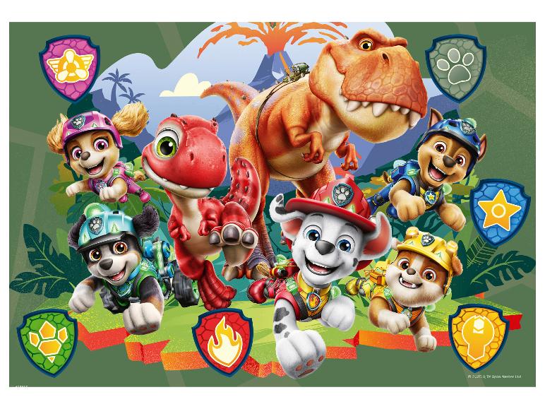 Illustratie van cartoonpuppy's en dinosaurussen in een junglelandschap met vulkanen.