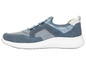 Blauwe suède sneakers met witte zool.