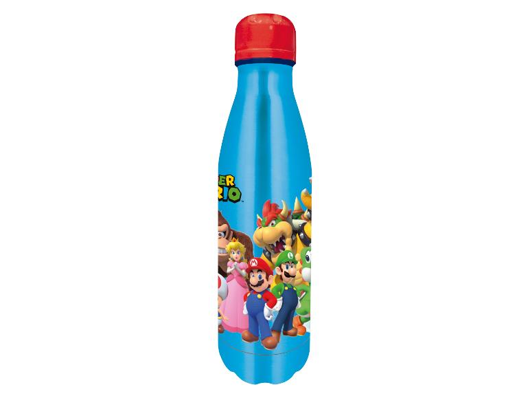 Een blauwe thermosfles met Super Mario-figuren.