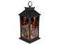 Zwarte Halloween lantaarn met oranje gloed, pompoenuitsparingen en 'Happy Halloween' tekst.