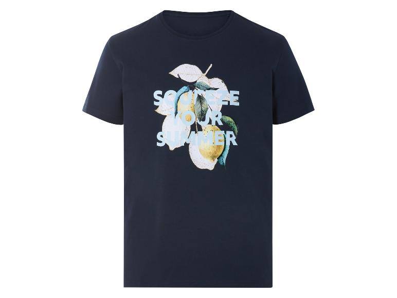 Donkerblauw t-shirt met korte mouwen, met citroenenprint en de tekst 'Squeeze your summer'.