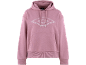 Roze hoodie met wit logo op de borst en trekkoorden