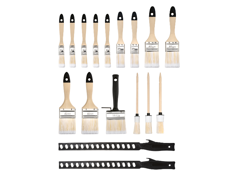 Set verfkwasten met houten handvatten en synthetische haren.