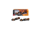 Set van twee oranje en zwarte raceautomodellen op schaal 1:43, met verpakking.
