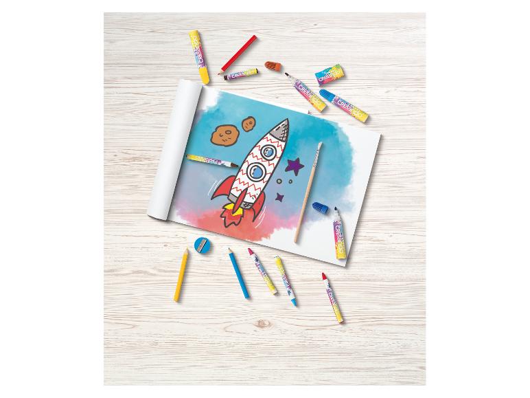 Crelando kleurpotloden, stiften en kwasten; tekening van een raket.