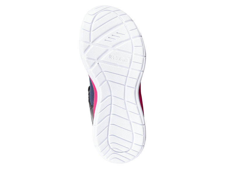 De onderkant van een blauwe en roze sneaker van het merk Walkmaxx.