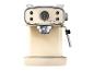 Crèmekleurig espressomachine met drukmeter en stoompijpje, in retrostijl.