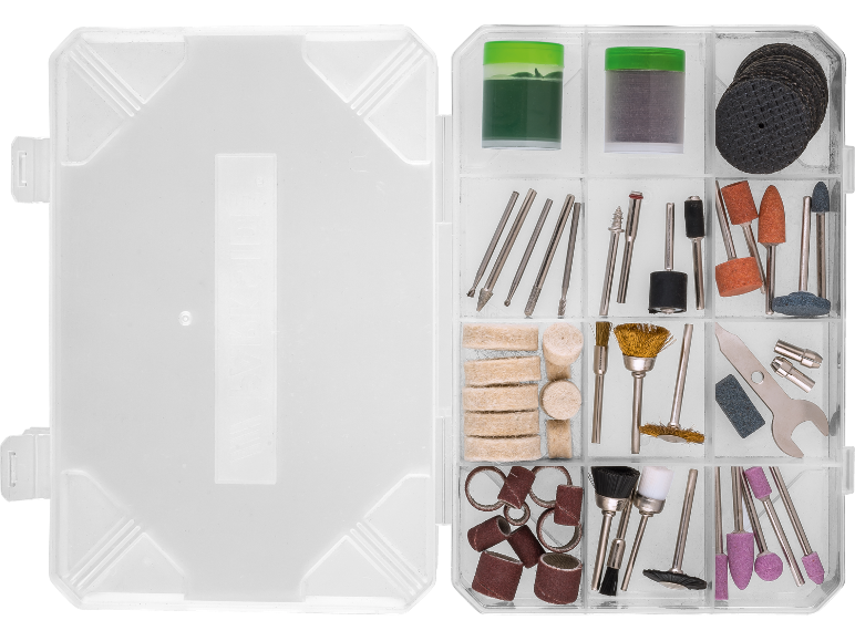 Accessoireset voor roterend gereedschap met boren, slijp- en polijstschijven in een doos.