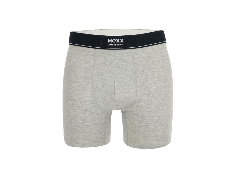 Grijze herenboxershort met zwarte tailleband en witte tekst.