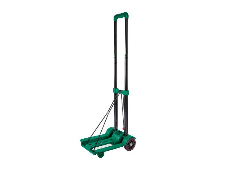 Groene, opvouwbare transportkar met zwarte handvatten en wielen.