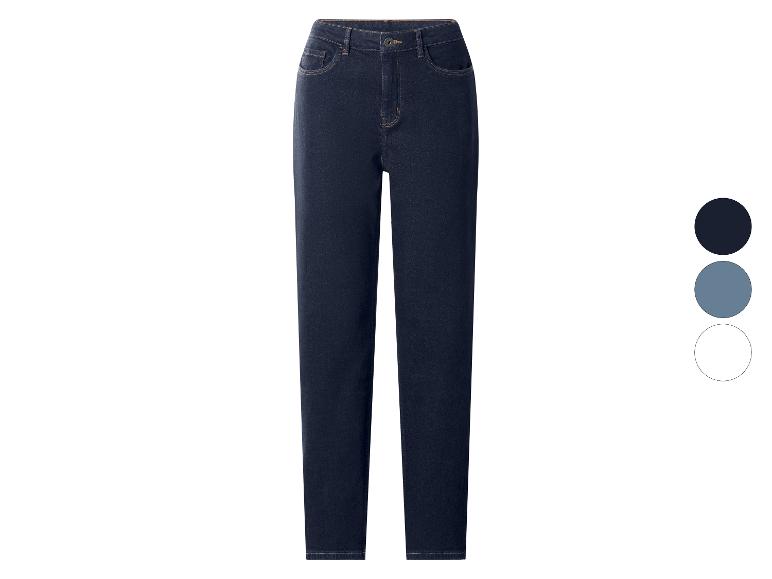 Donkerblauwe straight-leg jeans met drie kleurstalen: donkerblauw, lichtblauw en wit.
