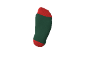 Groene sok met rode teen en hiel op een zwarte achtergrond.