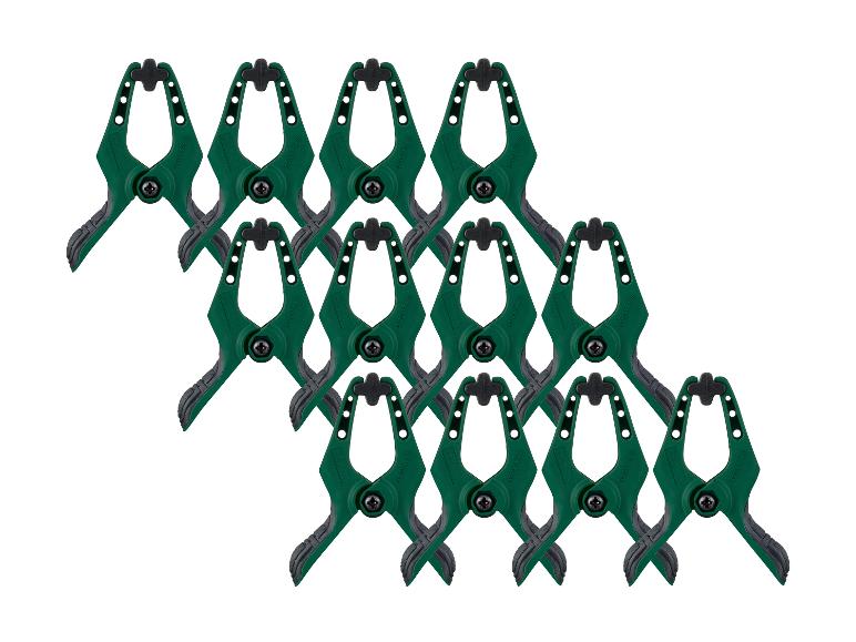 Twaalf groene PARKSIDE veerklemmen met zwarte handvatten, gerangschikt in drie rijen.