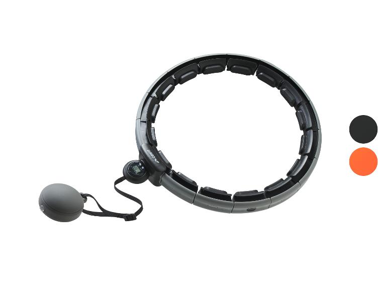 Een grijs en zwart slimme hoelahoep met een digitale teller en een aangehechte gewichtsbal.