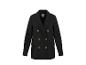 Zwarte getextureerde double-breasted blazer met gouden knopen.