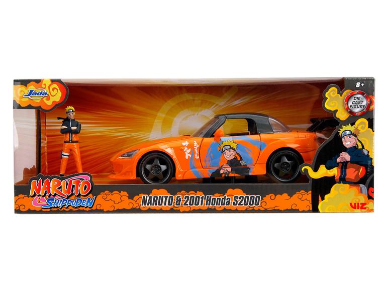 Een oranje Honda S2000 met Naruto-thema en een Naruto-figuur.